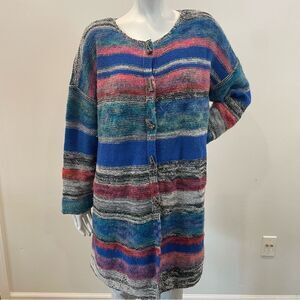 SUNDANCE Multicolor Merino Wool Stripe Tooth Button Long Cardigan Sweater